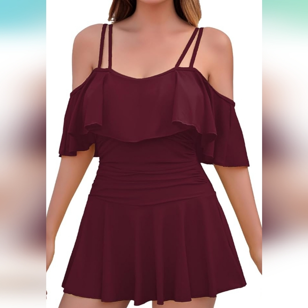 COCOPEAR PLUS SIZE Flounce Ruffle Off Shoulder Tummy Control Swimdress